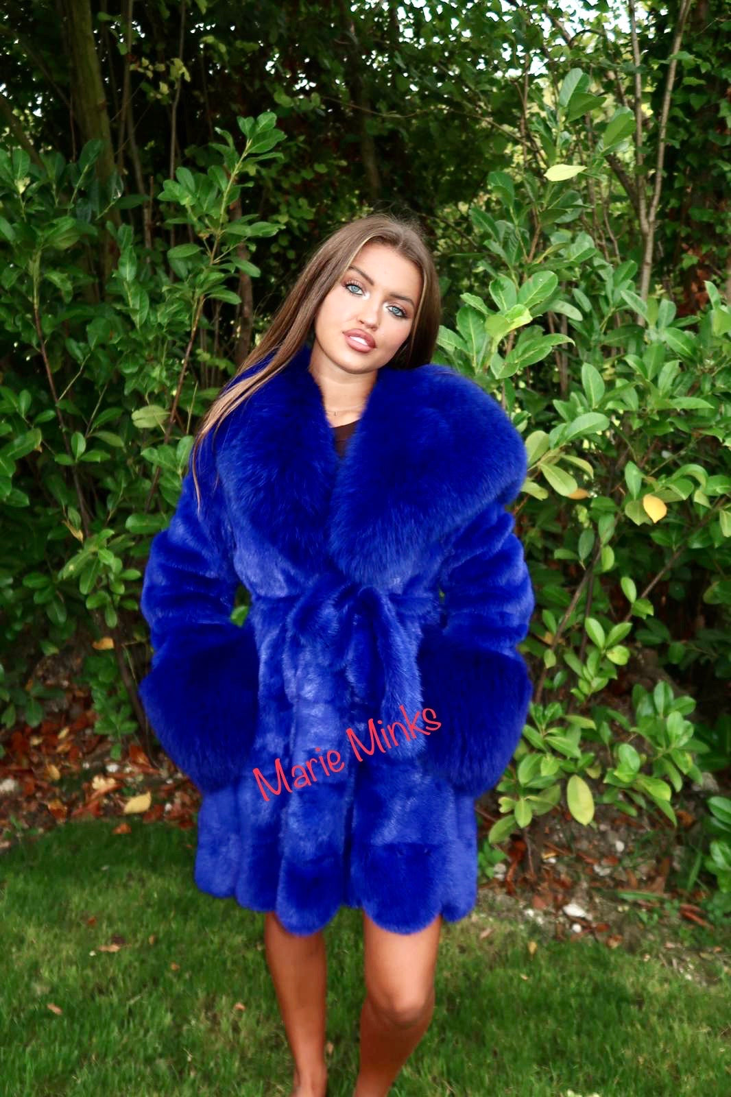 Long blue cheap faux fur coat