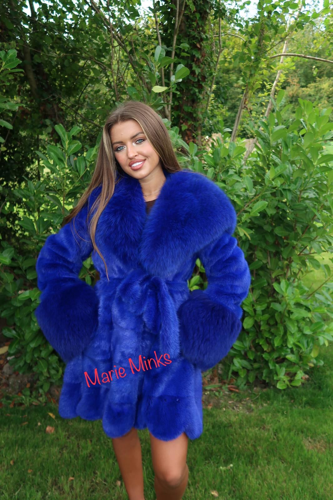 THE NAOMI MINK FUR COAT WITH FOX HOOD ELECTRIC BLUE Marie Minks