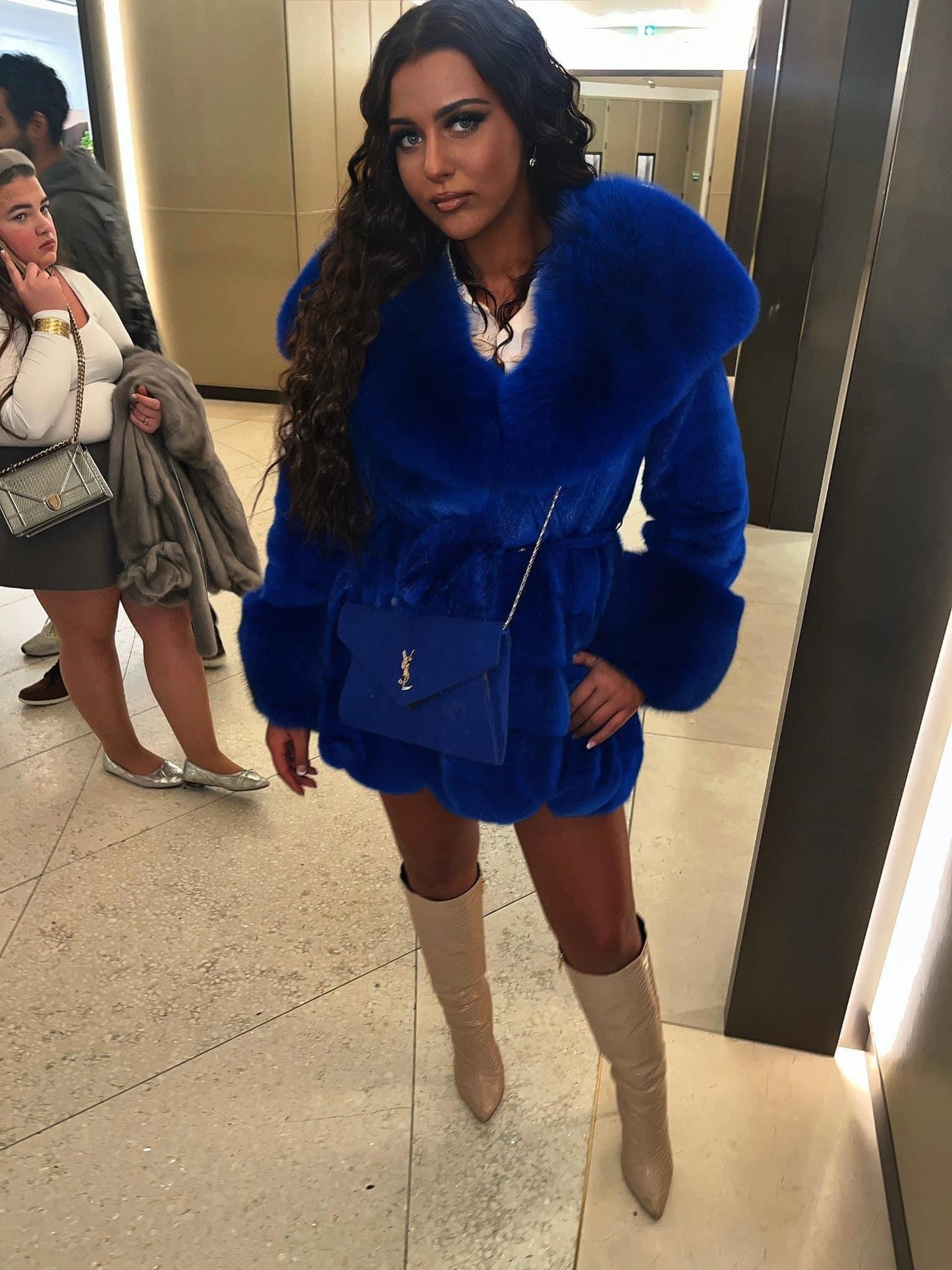 THE NAOMI MINK FUR COAT WITH FOX HOOD ELECTRIC BLUE