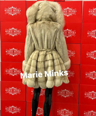 BEIGE NAOMI MINK FUR COAT WITH FOX HOOD