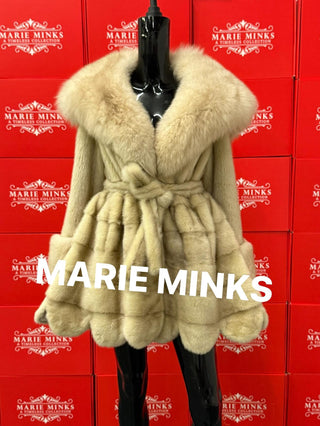 BEIGE NAOMI MINK FUR COAT WITH FOX HOOD