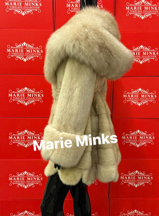 BEIGE NAOMI MINK FUR COAT WITH FOX HOOD