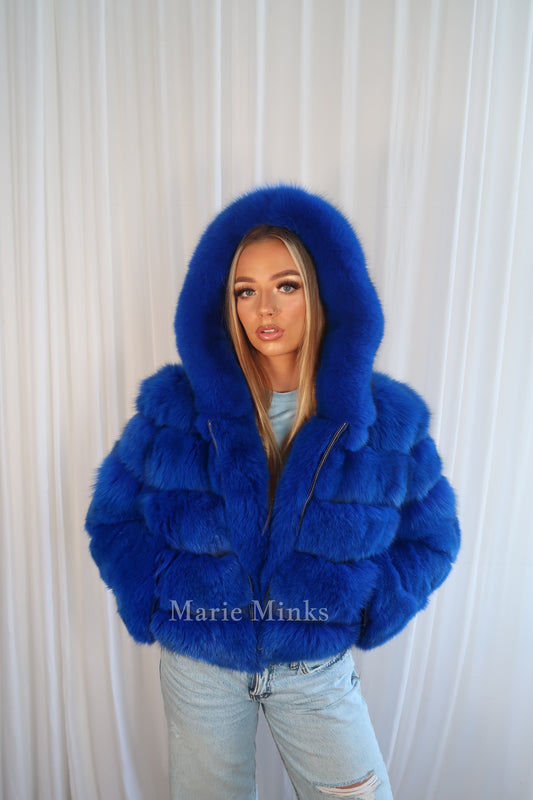 New Style 2 in 1 Fox Fur Crop Coat Royal Blue