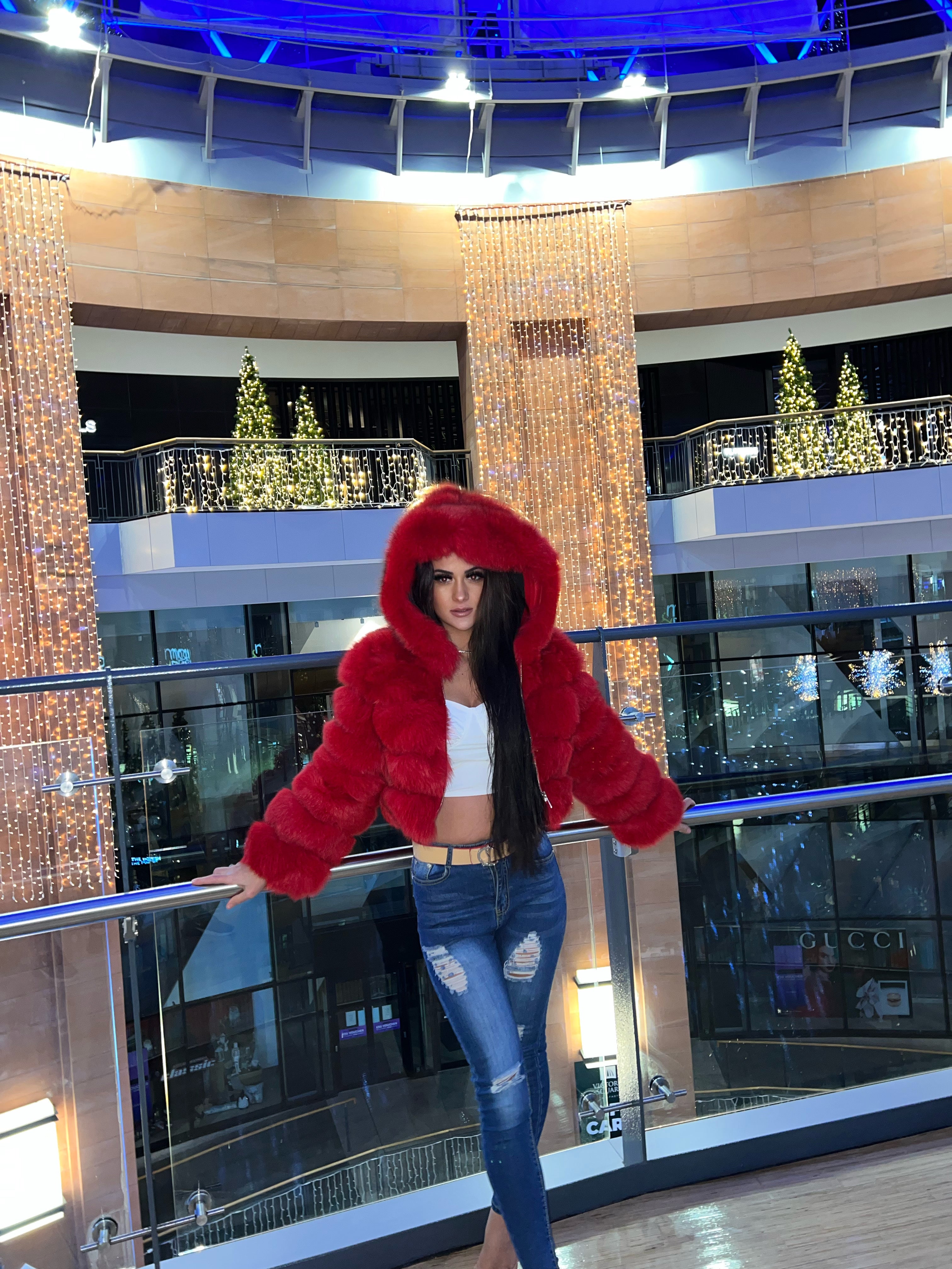 Red Hooded Fox Fur Crop Coat Marie Minks